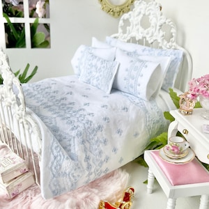 Dollhouse Bedding, Six Piece Blue Embroidery on White Cotton Bedding Set for 1:12 Scale Miniature Bed, Romantic, Shabby Dollhouse Gift