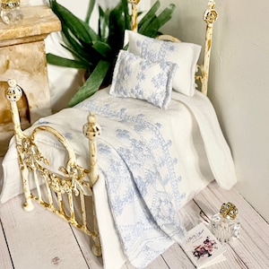 1:24 Scale Dollhouse Bedding, Four Piece  Blue Embroidered White Cotton Bedding Set, Half Scale Dollhouse, Miniatures, Romantic Shabby Decor