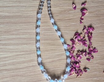 Clear quartz crystal necklace with clear quartz, moonstone and cyan jade beads