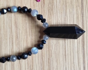 Collar de cristal de obsidiana con cuentas de turmalina negra, obsidiana y labradorita