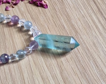 Fluorite crystal necklace with faceted clear quartz and faceted florite beads