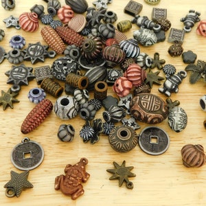 Mixed Shape Color Acrylic Beads & Charms, 50g (120 beads) (oval round spacer coin animal frog carved rustic primitive grunge craft boho blue