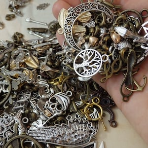 Random Alloy Charm Mystery Lot Mix! (metal pendant silver bronze surprise grab bag pentagram mermaid tree key kids craft steampunk moon)