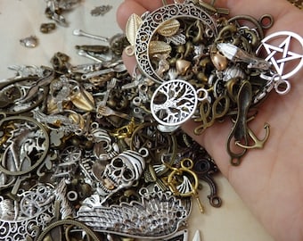 Random Charm Mystery Lot Mix! (metal pendant grab bag silver bronze surprise grab bag pentagram mermaid tree key kids craft steampunk moon)