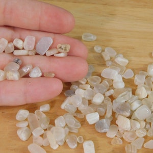 May include: A collection of small, white moonstone chips. The chips are smooth and have a pearly sheen.
