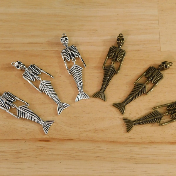 Big Skeleton Mermaid Pendants, Silver/Bronze Tone, 74x19x9mm. Nickel Free (Jointed spooky creepy bones goth gothic skull sea ocean halloween