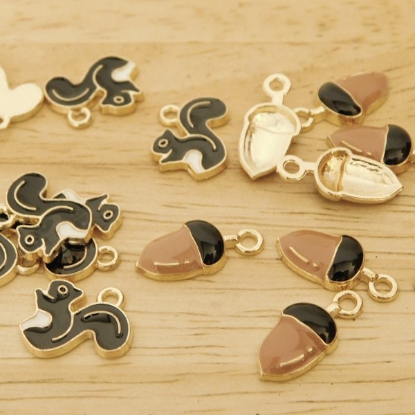 10 pc Squirrel and Acorn Enamel Charms, Light Gold Tone, 15mm 17mm (cute forest animal cottage cottagecore black brown woodland creature)