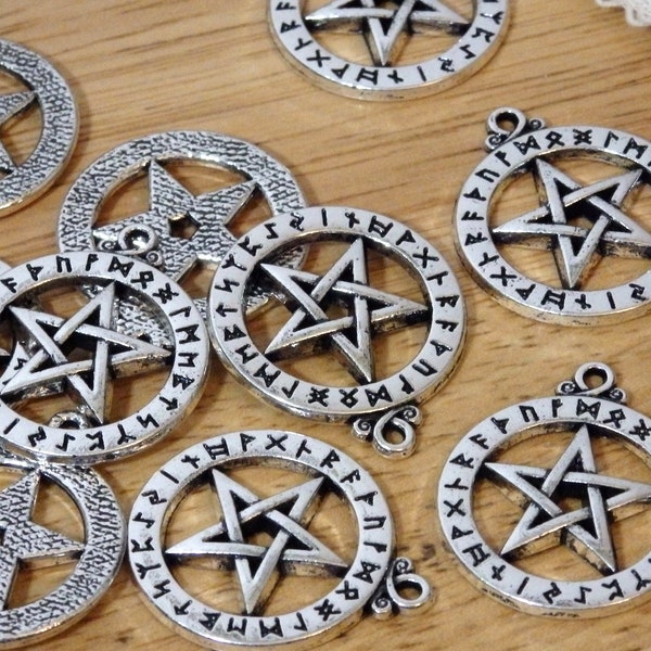 Rune Pentagram Pendants / Charms, Silver Tone 1.25" (pagan, wiccan, witch, witchy goth pentacle pendant star large runic norse viking metal)