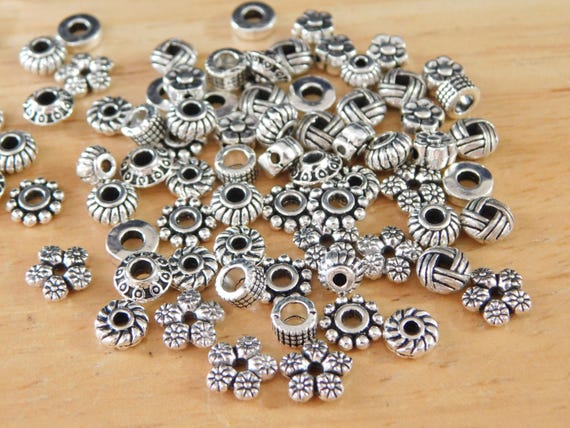 100pc Mixed Style Antique Silver/Platinum Colored Metal Alloy Round Spacer Beads, 5 to 7mm (beading basics small metallic bulk discount)