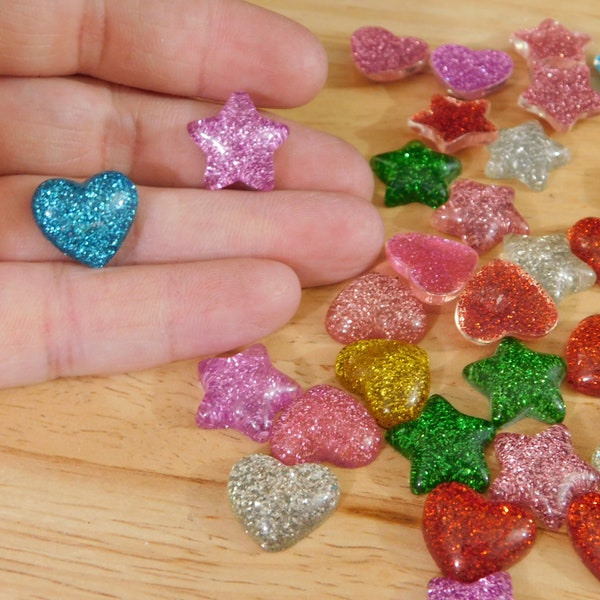 Glitter Star and Heart Resin Cabochons, Mixed Color/Shape, 16mm (cab plastic rainbow kawaii cute retro style metal flake powder glue-on)