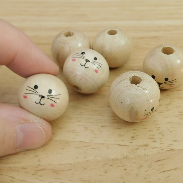 Cat Doll Face Printed Wood Beads, 19mm (wooden large hole rustic country kids crafts head rag angel ornament folk primitive)