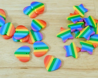 Rainbow Striped Star & Heart Pendant Charms, 20mm (pride mixed color resin plastic retro 80s style)