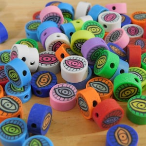 Polymer Clay Beads, Eye Eyeball, Mixed Neon Color, 10mm round coin flat (evil eye retro 90s style sick sad world bright creepy watching)