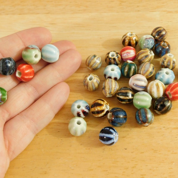 Ceramic Beads, Striped/Ribbed Round, 10mm mixed color (chunky glazed boho bohemian large hole macrame beading cottage cottagecore rustic