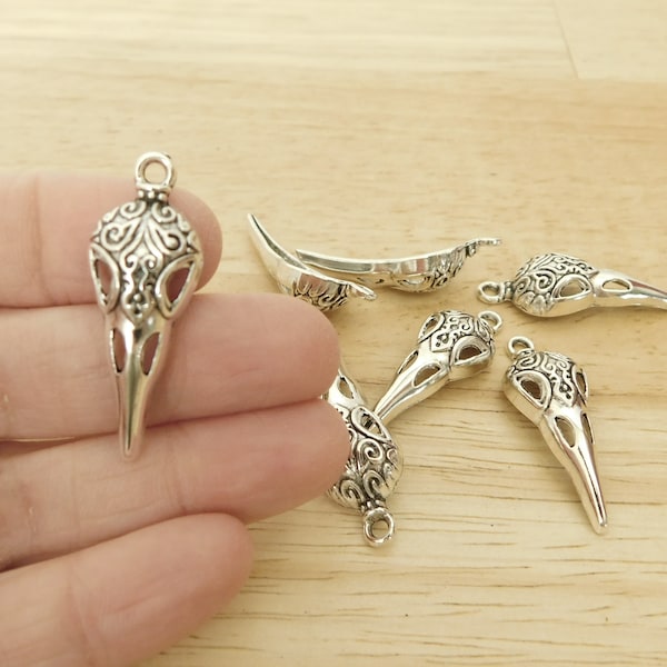 Large Bird Skull Pendants, Antique Silver 35mm (goth gothic corvidcore corvid crow raven carved skeleton vulture culture goblincore witch)