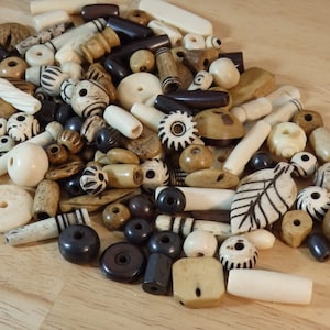 Water Buffalo Bone Beads, B-C Grade Mixed size shape color (focal carved brown cream off-white tube round oval shape bulk pipe 3 6 oz)