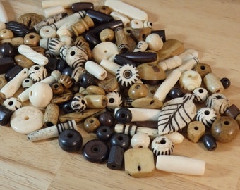 Water Buffalo Bone Beads, B-C Grade Mixed size shape color (focal carved brown cream off-white tube round oval shape bulk pipe 3 6 oz)