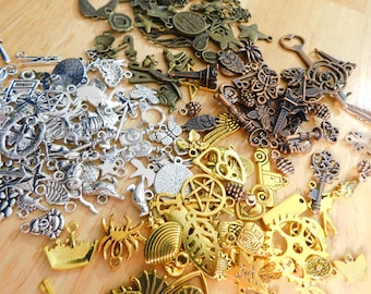 Alloy Charms & Pendants, 4 colors, by weight (metal grab bag silver bronze surprise pentagram mermaid tree key kids craft steampunk moon)