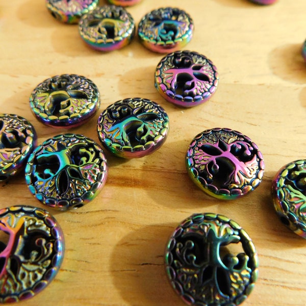 Tree of Life Beads, Rainbow Electroplated Synthetic Hematite, 12mm flat round (coin circle pagan celtic Yggdrasil witchy forestcore)
