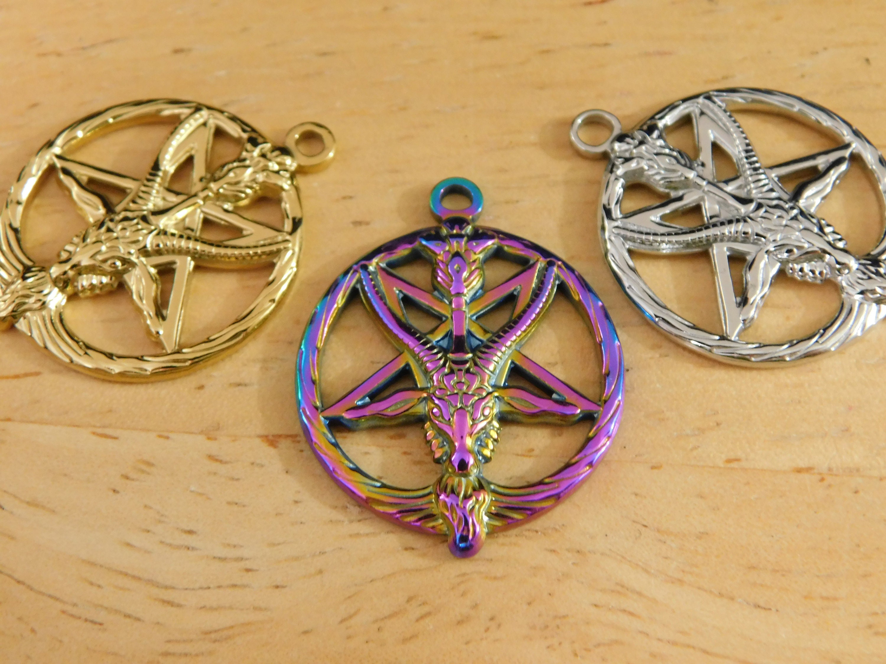 Baphomet Pentagram Stainless Steel Pendants, Rainbow, Steel, & 18k Gold, 30mm (pagan angel aura titanium coated, goth satanism)