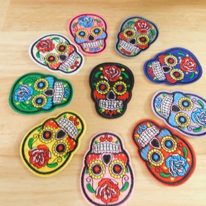 Sugar Skull Patches, Iron-On, Mixed Color, 73x54mm (3 in) (Día de los Muertos day of the dead Mexican Mexico skeleton spooky mixed)