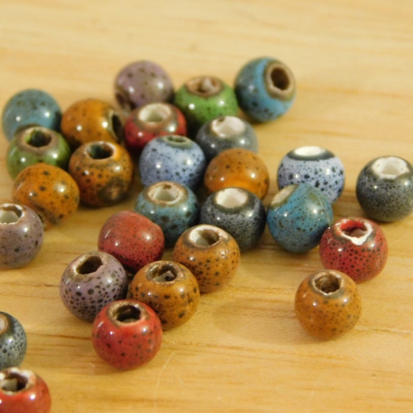 Ceramic Beads, 6mm mixed color B GRADE (chunky speckled glazed boho bohemian large hole craft macrame beading red yellow green blue)