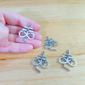 May include: Four silver-toned metal charms in the shape of a cross with a snake wrapped around it. The charms have a chain attached to the bottom.