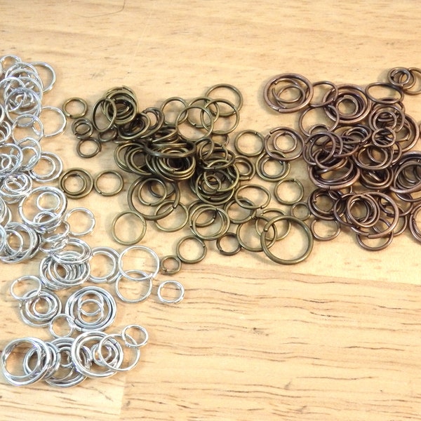 Mixed Size Iron Jump Rings, Silver/Rhodium, Bronze, Copper gold tone, 20g (findings open rings 4mm 6mm 8mm 10mm round link chainmail chain)