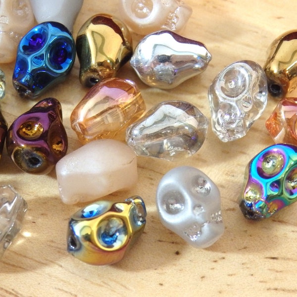 40 pc Glass Skull Beads, 10mm Metallic AB Electroform Mix (beading bones skeleton spooky all hallows eve fall autumn goth gothic crystal)