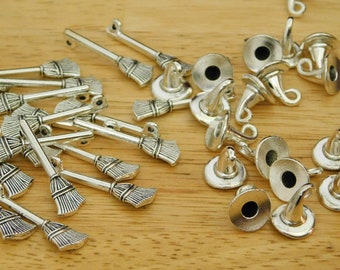 Witch Hat & Broom Pendants Charms, silver tone (spooky halloween witchy pagan tibetan alloy creepy trick or treat goth jack o lantern)