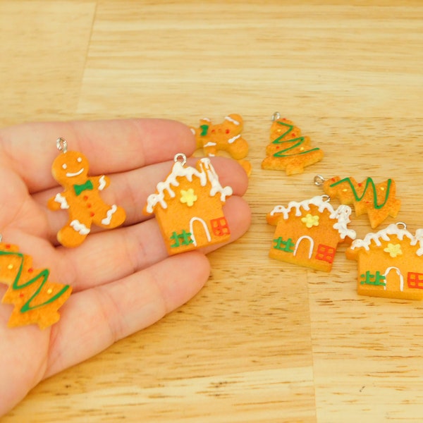 6 pc Resin Christmas Cookies Pendant / Charms, gingerbread man, house, tree. 30mm (mixed plastic pagan kids craft kawaii food noel yule cute