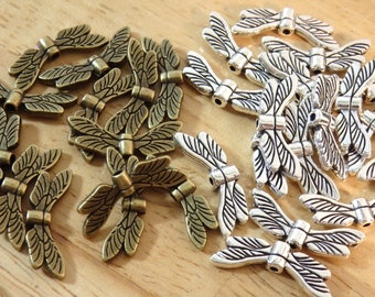 Dragonfly Wings Beads 20mm silver / bronze tone (fairy spacer bead dragon fly insect bug silver tone fantasy beading craft tiny small)