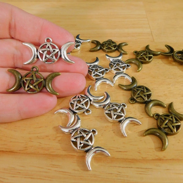 Triple Moon Goddess Pagan Pentagram Charms Pendants Silver Bronze Tone (wiccan witch, witchy, goth, gothic, magic, magical, symbol pentacle)