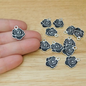 B GRADE Metal Enamel Black Rose Charm Pendants, silver / platinum tone, 17mm (Occult Goth gothic Witch vampire halloween spooky punk flower)