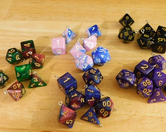Full 7 pc Set Dice Pendants / Charms, silver tone bail, 27mm (real gaming, gamer, game, D20 D10 D6 D12 die rainbow nerdy geeky dungeons rpg)