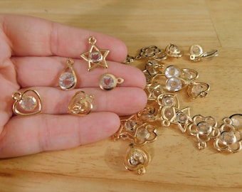 30 pc Glass Rhinestone & Golden Tone Iron Charms/Pendants, Mixed Shapes, 12mm to 18mm (drops star heart metal pentagram flower crystal gold)