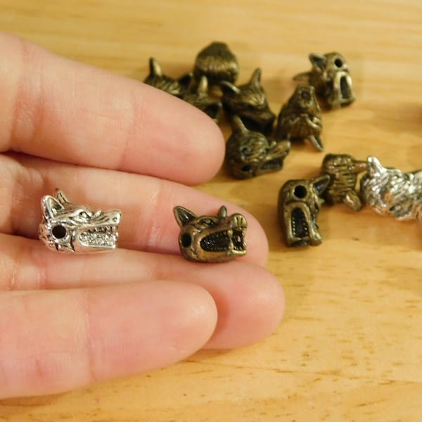 Wolf Head Face Spacer Beads, alloy metal. bronze, antique silver tone 9.5x13mm, Hole: 2mm (animal shape werewolf fursona furry alpha Tibetan