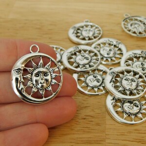 Crescent Moon & Sun Pendants / Charms, Silver Tone 1.5" 41mm ( pagan wiccan witch witchy magic magical necklace celestial sky star large