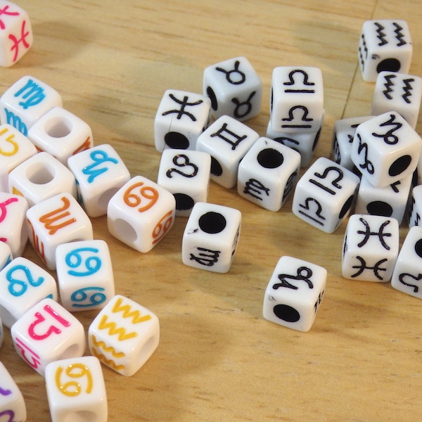 Acrylic Zodiac Star Sign Beads. mixed color or black on white 7mm. (fortune telling, pagan, witch, astrology alphabet beads square cube)