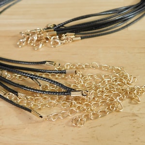 10 pc Waxed Cotton Cord Necklace, Black with LIGHT GOLD findings, 17" long 1.5mm thick (short pendant DIY string faux leather choker style)