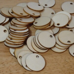50 pc Blank Wood Tags / Labels. 20mm unfinished small. (wooden DIY hand made gift jewelry packaging ornament round circle hole disk disc