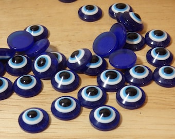 Blue Evil Eye Nazar Cabochons, 8mm 10mm, 12mm (acrylic resin flat back lot round talisman protection amulet Turkish)