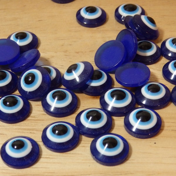 Blue Evil Eye Nazar Cabochons, 8mm 10mm, 12mm (acrylic resin flat back lot round talisman protection amulet Turkish)