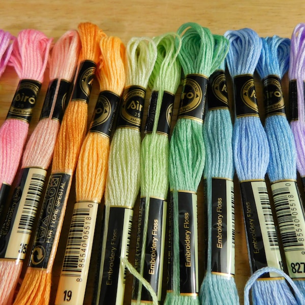 12 Color Embroidery Floss Set, Pastel Rainbow.  8m per skein  (mixed color needlepoint cross stitch sewing basics kit friendship bracelet)