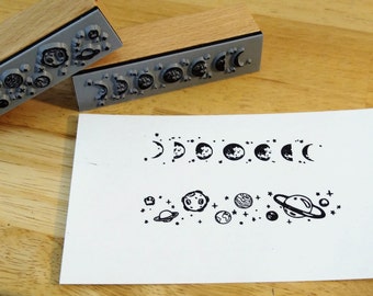 Rubber Stamp Moon Phases, Planets 2cm x 8cm (wood celestial night sky witch witchy book of shadows outer space card making scrap booking)