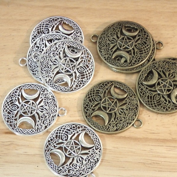 Tree of Life Pentagram Triple Moon Pendants / Charms, Silver  Bronze Tone 1.25" (pagan, wiccan, witch, magic celtic knot necklace pentacle)