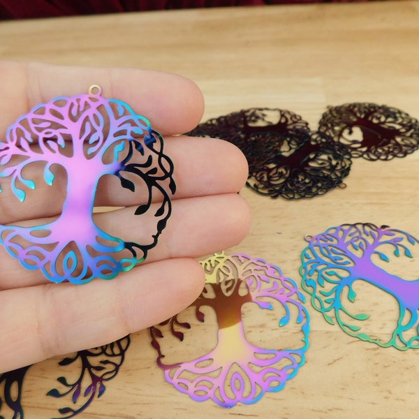 Rainbow Steel Tree of Life Pendants, 40mm Large (pagan wiccan witch angel aura celtic knot necklace titanium coated, magic halloween)