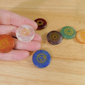 B-Grade Gemstone Carved Chakra Cabochons, Flat Round 25mm Set of 7 (palm stone crystal gem amethyst jasper quartz)