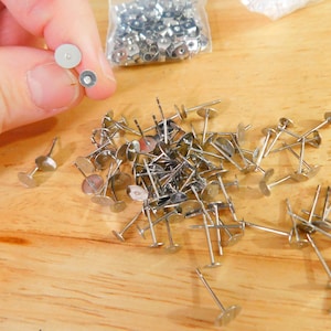50 pairs Steel Earring Post Flat Pad Blanks w Backs, 6mm & 4mm pads (stainless nickel free sensitive ears findings glue-on silver tone stud)