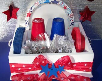 Celebrate 4th of July in style with this party caddy, red, white & blue tableware caddy for napkins, paper plates utensils and more.